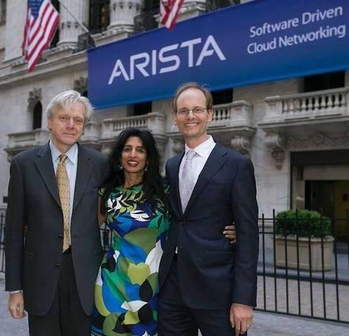 Jayshree Ullal, Arista president and CEO (center); Andy Bechtolsheim, founder, chief development officer and chairman (left); Kenneth Duda: founder, CTO and SVP, software engineering